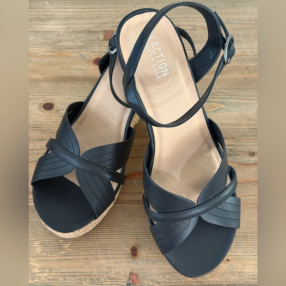 Kenneth Cole Reaction Comi Espadrille Wedge Sandals, Black, 9 1/2, New In Box